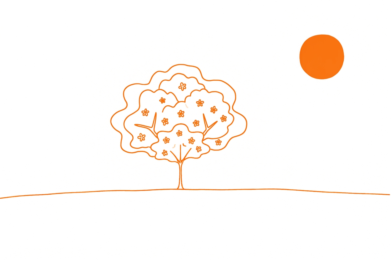 Line illustration of a blooming tree beneath an orange sun